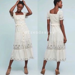 NWT Anthropologie Eyelet Embroidered Button Down Midi Dress with Square Neck
